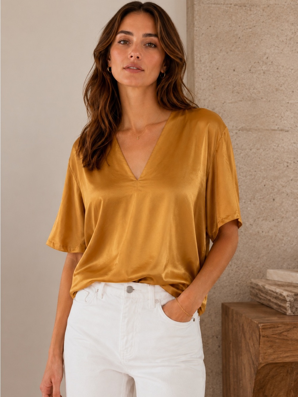 Vince 100% Silk Dolman V Neck Blouse Marigold Gold M